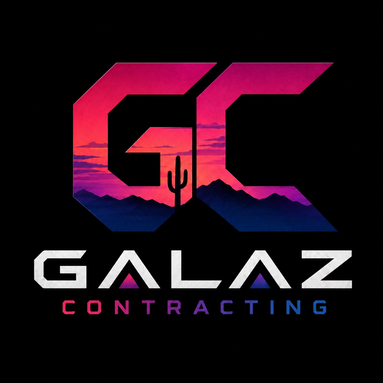 Galaz Contracting GC logo with Arizona sunset, mountain silhouettes, and saguaro cactus